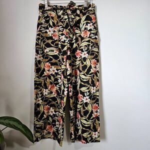 EUC KENSIE FLORAL TROPICAL WIDE LEG PANTS BELTED ELASTIC WAIST SIZE SMALL